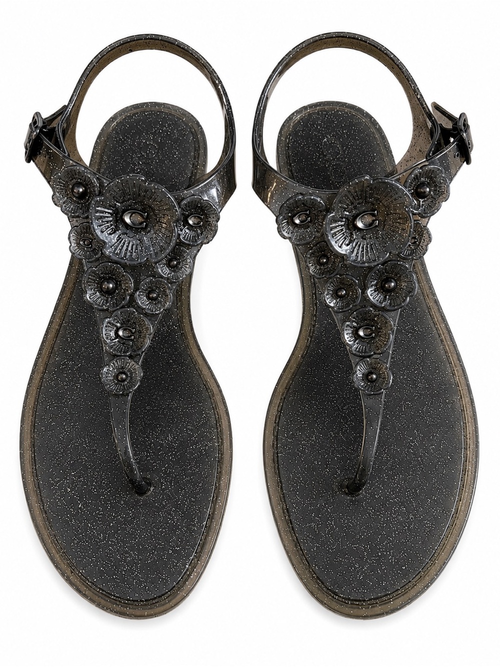 Coach Glitter Jelly Sandals with Floral Accent  | Black | Size 7